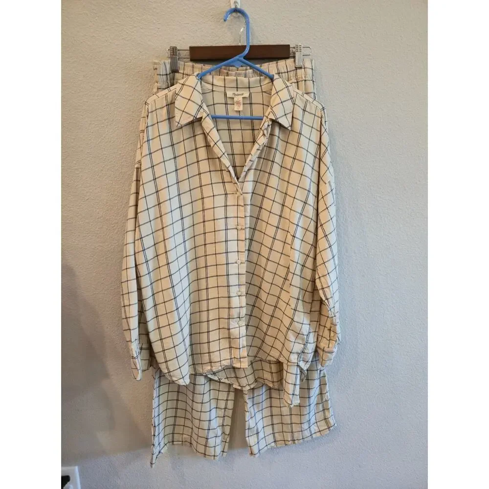 Madewell Women's 2 Piece Plaid Flannel Beige Windowpane Check Pajama Set Size L